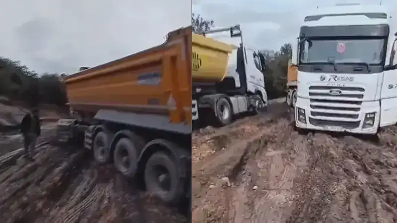 Çatalca’da sağanak sonrası yol bataklığa döndü; kamyonlar mahsur kaldı