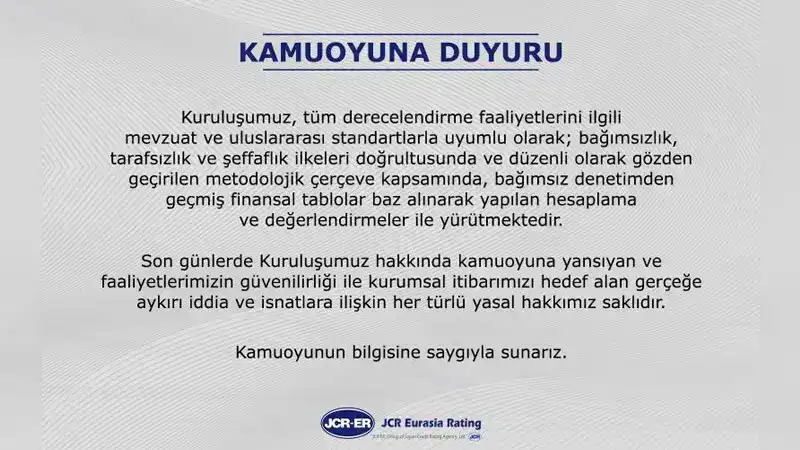 JCR Eurasia Rating tarafından açıklama