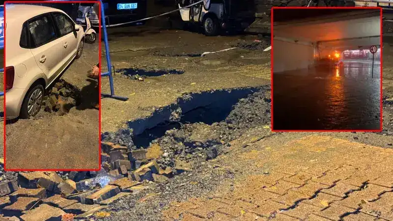 İstanbul'da alt geçidi su bastı; araçlar çöken yolda kaldı