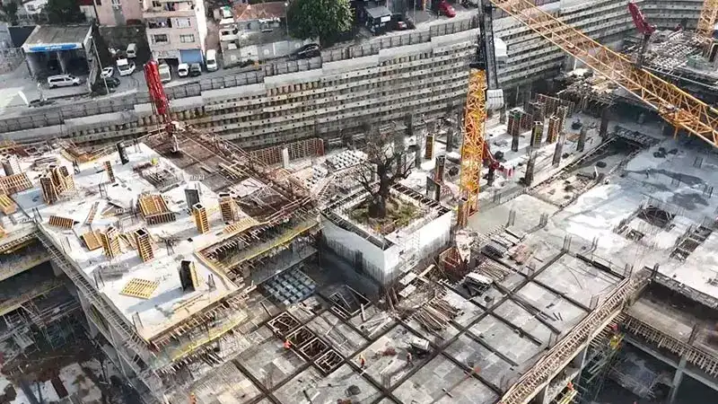 Haliç’in kıyısındaki inşaatın ortasında kalan ağaç havadan görüntülendi