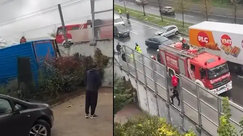 Sultangazi'de 2 araca çarpan kamyon bahçeye düştü: 2 yaralı