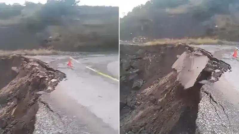 Tokat'ta heyelan; köy yolunun çökme anı kamerada