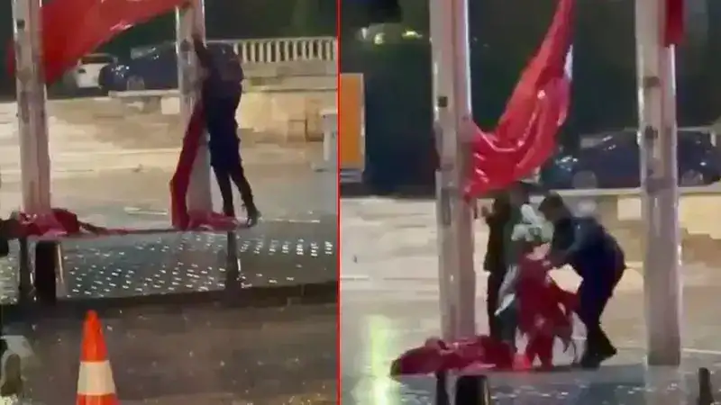 Taksim Meydanı'nda yere düşen Türk bayrağını polis kaldırdı
