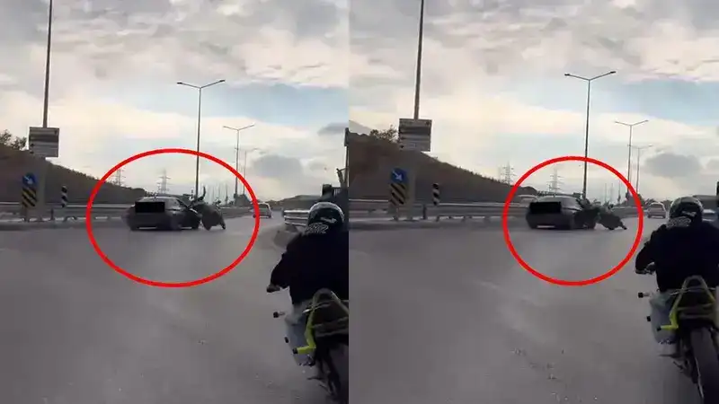 Sürücünün drift attığı otomobilin motosiklete çarptığı kaza kask kamerasında